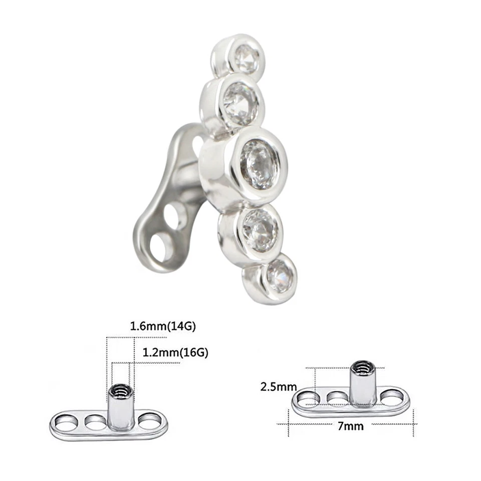 14G G23 Titanium Base 5 Clear CZ Dermal Anchor Top Universal Piercing Jewelry - Image 2 of 4