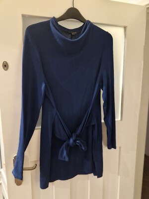 Phase Eight Navy Blue Long Knitted Jumper Tie Waist Wrap Gold Buttons 12  UK