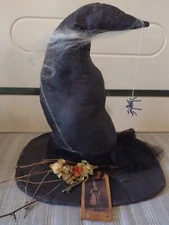 Primitive Witch Hat Folk Art Hand Made Halloween Decor with Spider and web