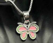 925 Silver Pink  Green Enamel Kids Butterfly Pendant 14K White Gold Finish