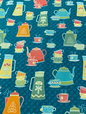 TEACUPS DRINKS TEA POTS BRIGHT COLORS BLUE COTTON FABRIC FQ OOP