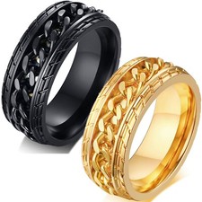 Stainless Steel Grooved Edge Chain Spinning Band Ring Black or Gold Plated