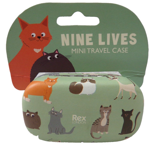 NINE LIVES CAT MINI TRAVEL CASE HARD CLAM SHELL BOX FOR EARBUDS VITAMINS PILLS