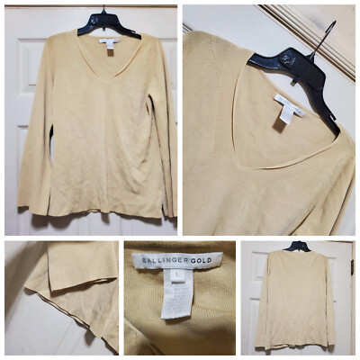 Ballinger Gold Sweater Women Large Beige Pullover Top Minimal Work Office Cozy