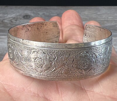 Vintage Danecraft Sterling Silver Etched Flower Cuff Bracelet Marked