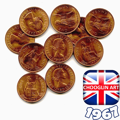 Set of (x10) BRITISH 1967 ELIZABETH II PENNY 1d coins (UNCIRC), 59