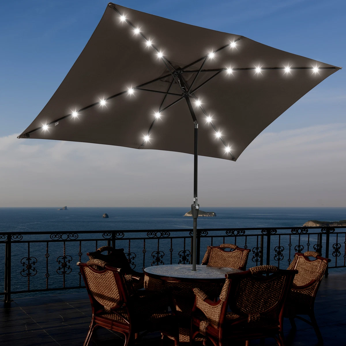 10u0026#039;x6.5u0026#039; Patio Outdoor Aluminum Umbrella Solar LED Light Crank  Tilt Chocolate | eBay