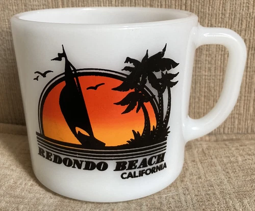 RARE Vintage Redondo Beach California Milk Glass Coffee Cup Sunset Mug USA Made!