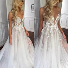 Boho A-Line Wedding Dress with Spaghetti Appliques and Thigh Slit Bridal Gowns