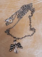 Guardian Angel Clear Charm & Silver Tone Necklace Fashion Spiritual Boho 24" 