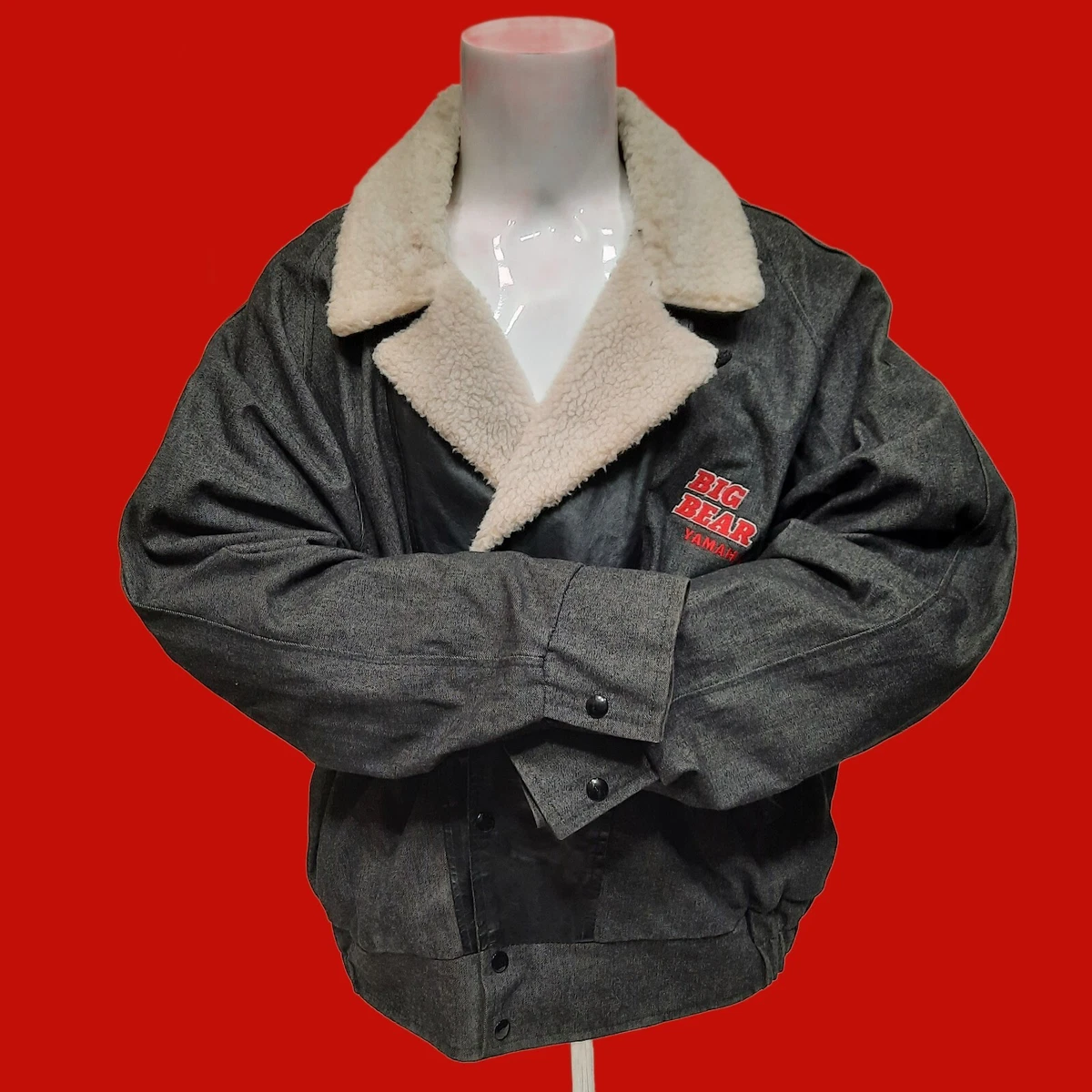 Vintage 80s Yamaha Big Bear Jacket Coat Denim Leather Faux Sherpa Lined Mens XL