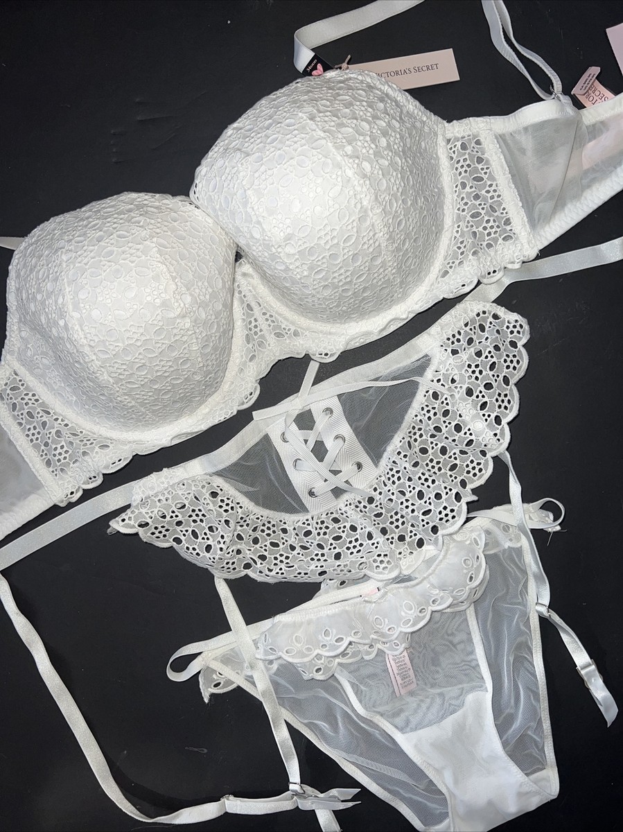 Victoria's Secret 32DDD,34DDD BRA SET+apron garter+panty WHITE