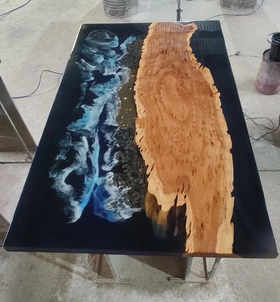 Ocean wave Black Blue Epoxy Resin Dining Center Table Tops Home D cor