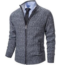 Mens Cardigan Sweaters Full Zip Up Stand Collar Casual XX-Large Dark Grey
