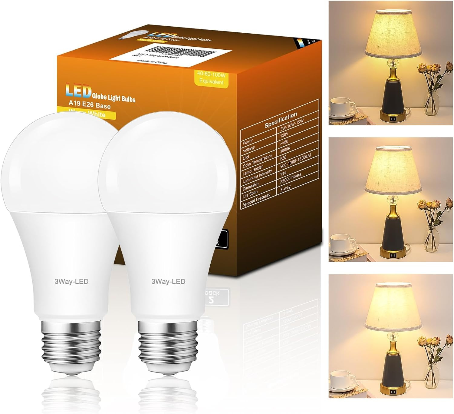 3 Way LED Light Bulbs, 40 60 100 Watt Equivalent, 2700K Warm White, Three Way A