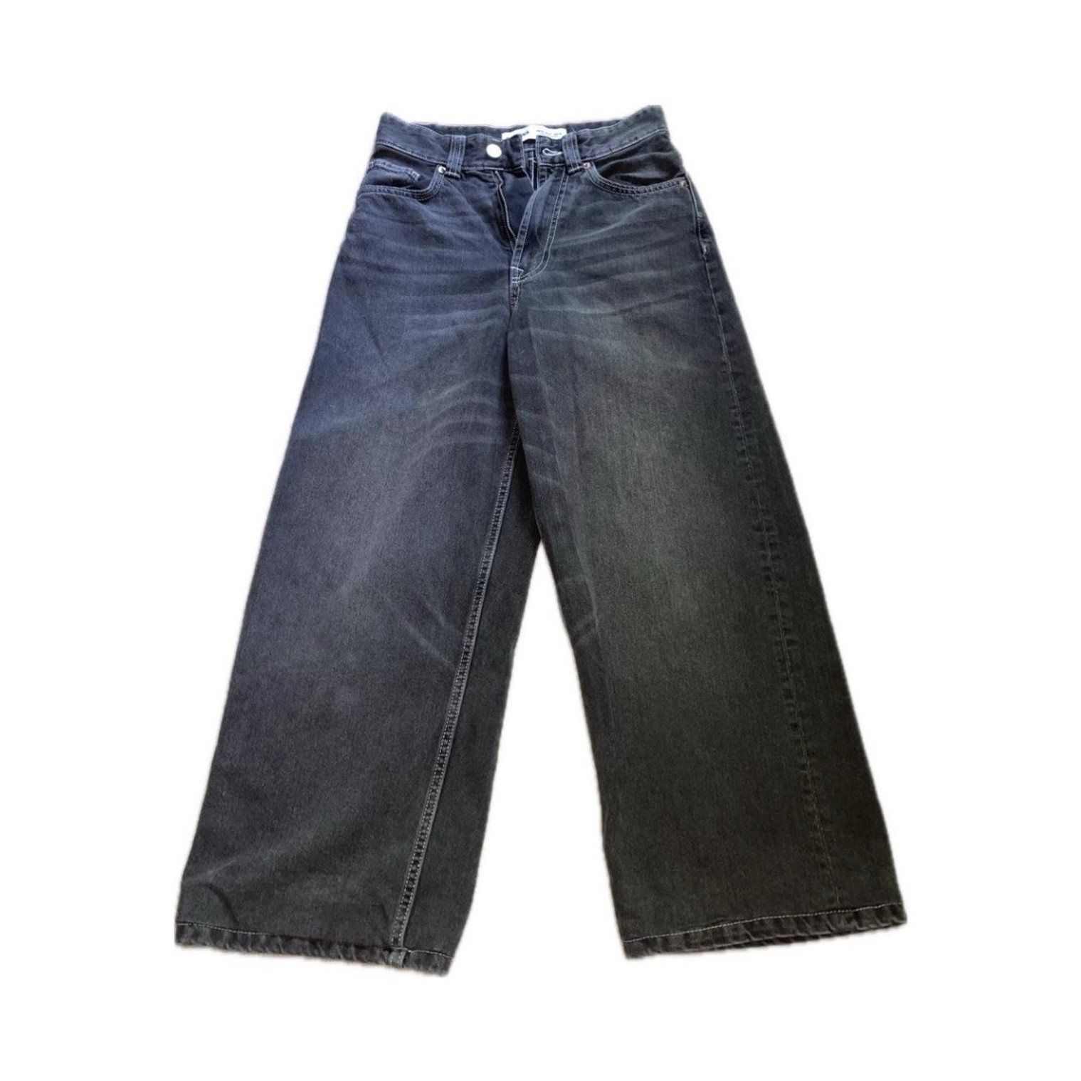Bershka Women's Dark Wash Black Wide-Leg Denim Jeans Relaxed Mid Rise 5-Pocket