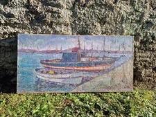 Signed Tommaso Di Vetta Original Oil Painting - 1980s Italian Harbor Scene
