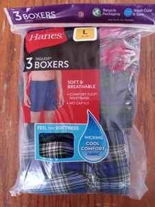Hanes Men’s Tagless Boxers 3 Pack. Brand New Unopened. No Gap Fly. Large 36-38.”