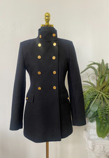New Zara Gold Button Black Wool Blend Double Breasted Coat Jacket Size S, 189