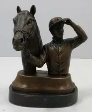 Bronze Racehorse Head Bust with Jockey - Marble Base - Signed - Horse Racing