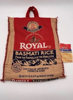 Pack of 6 Royal Basmati Rice Bag 20lbs Burlap Handles Zipper Heavy Duty, No Rice