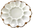 Vintage Milk Glass Deviled Egg Plate Tray Gold Trim Scalloped Edge Round