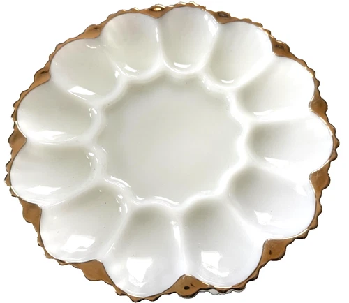 Vintage Milk Glass Deviled Egg Plate Tray Gold Trim Scalloped Edge Round