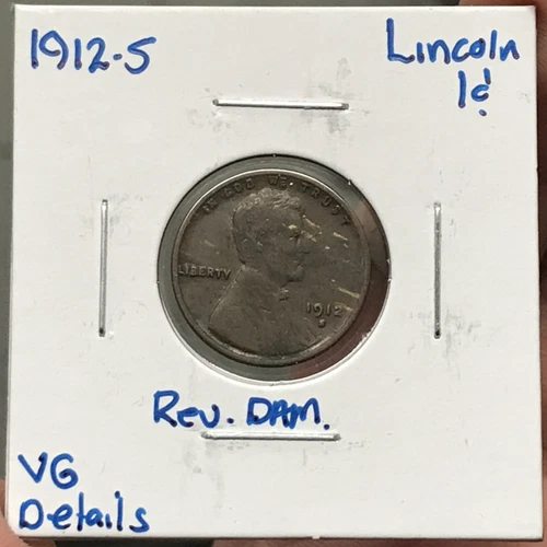 1912-S 1C Lincoln Wheat Cent VG Details Reverse Damage
