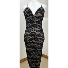 AX Paris Lace Bodycon Midi Dress Black & Beige Whimsygoth Size 10 Backless