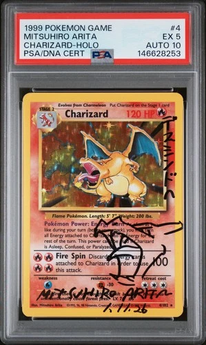 1999 POKEMON BASE SET UNLIMITED ARITA SIGNED #4 CHARIZARD-HOLO PSA 5 DNA AUTO 10
