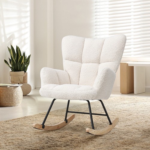 Boucle Fabric Rocking Chair Modern Accent Chair Wood Legs Living Room Bedroom - Picture 2 of 10