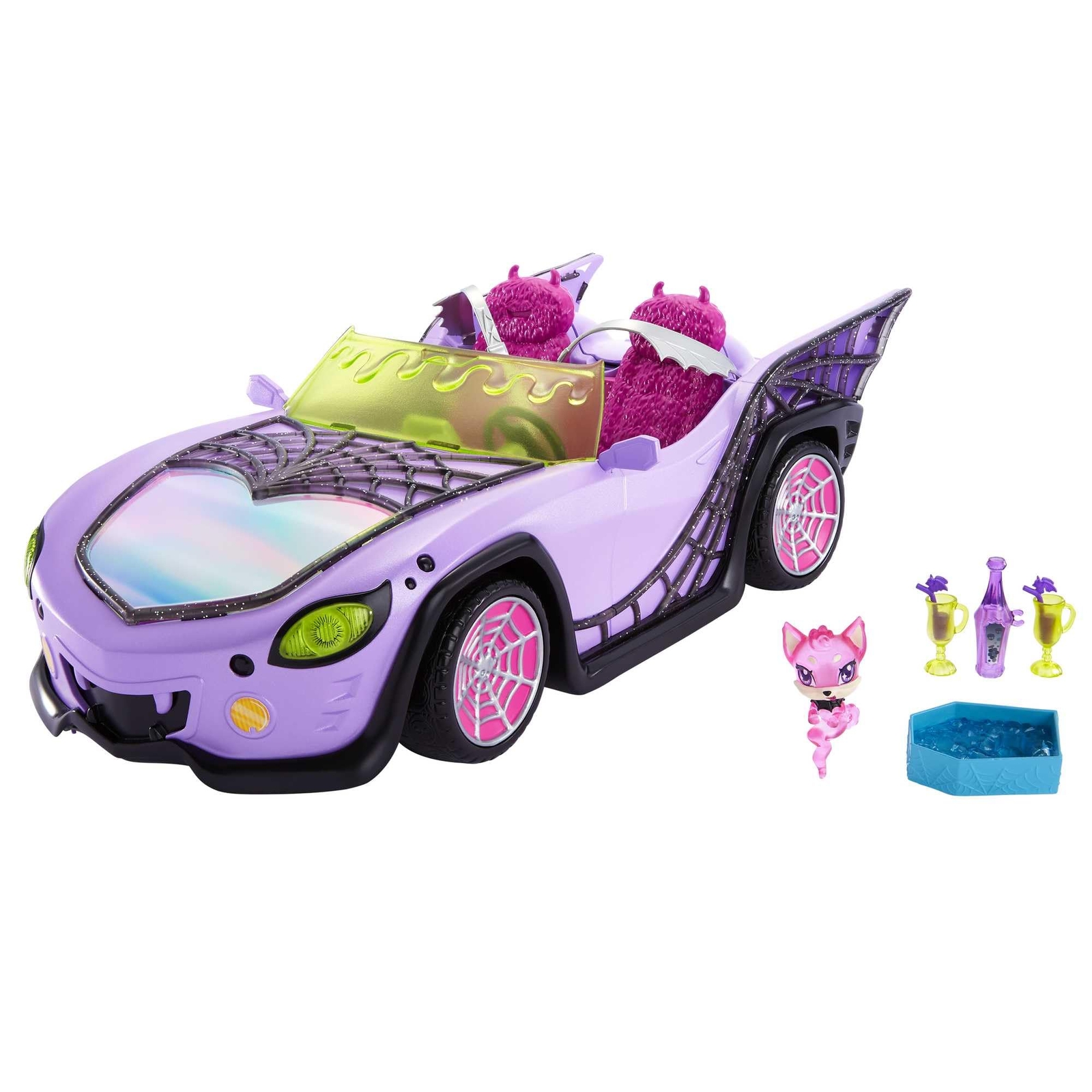 Toy Car, Ghoul Mobile with Pet & Cooler Accessories, Purple Doll-Sized Conver...
