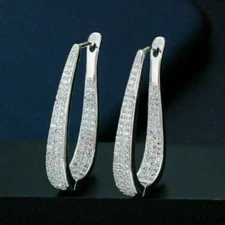 Round Simulated Diamond Stunning Fancy Huggie Hoop Earring 14k White Gold Plated
