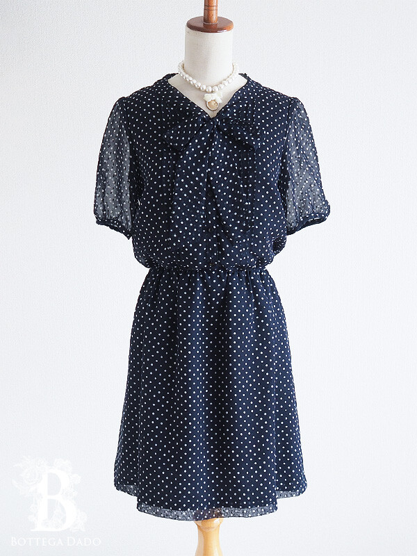 ?any sis?Polka Dot Dress OnePiece Tie Collar Navy Blue Japan 
