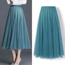 Women Pleated Midi Skirt Ladies Elastic High Waist Mesh Skirt A-line Skirts