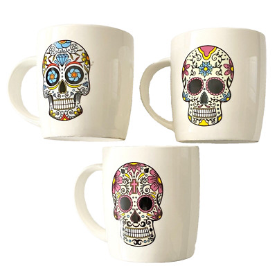 3 mugs cups SOHO Loft SUGAR SKULL white red pink yellow blue green / 3 faces