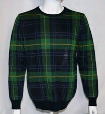 75$ Club Room Men's Merino Wool Blend Crew Easy Care Sweater, Blue/Green Plaid L