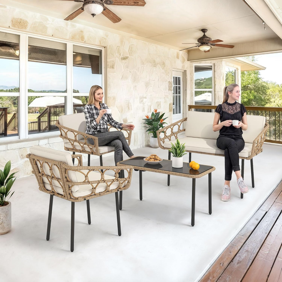 4 Pieces Patio Furniture Set, Wicker Outdoor Bistro Set, AllWeather