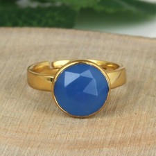 Blue Chalcedony Gemstone Yellow Gold Plated 925 Silver Adjustable Rings