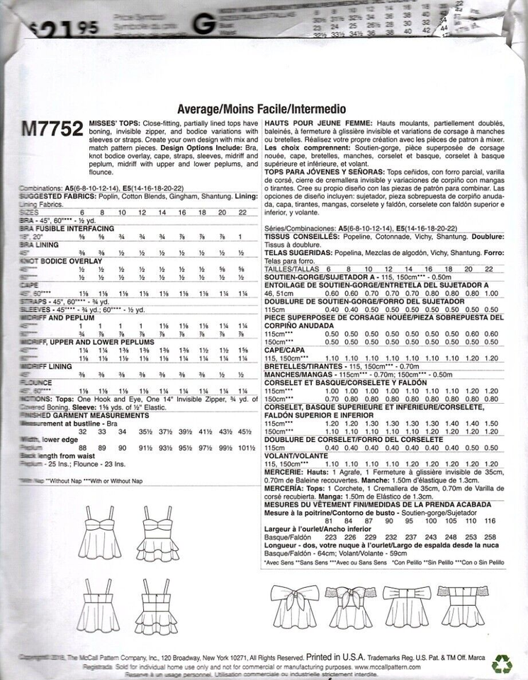 McCall's M7752 Womens 6 to 14 Peplum Tops Uncut Sewing Pattern | eBay