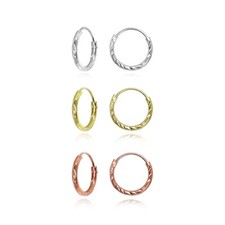 3 Pr Set 925 Silver Diamond-Cut Tiny Small Endless 10mm Thin Round Hoop Earrings