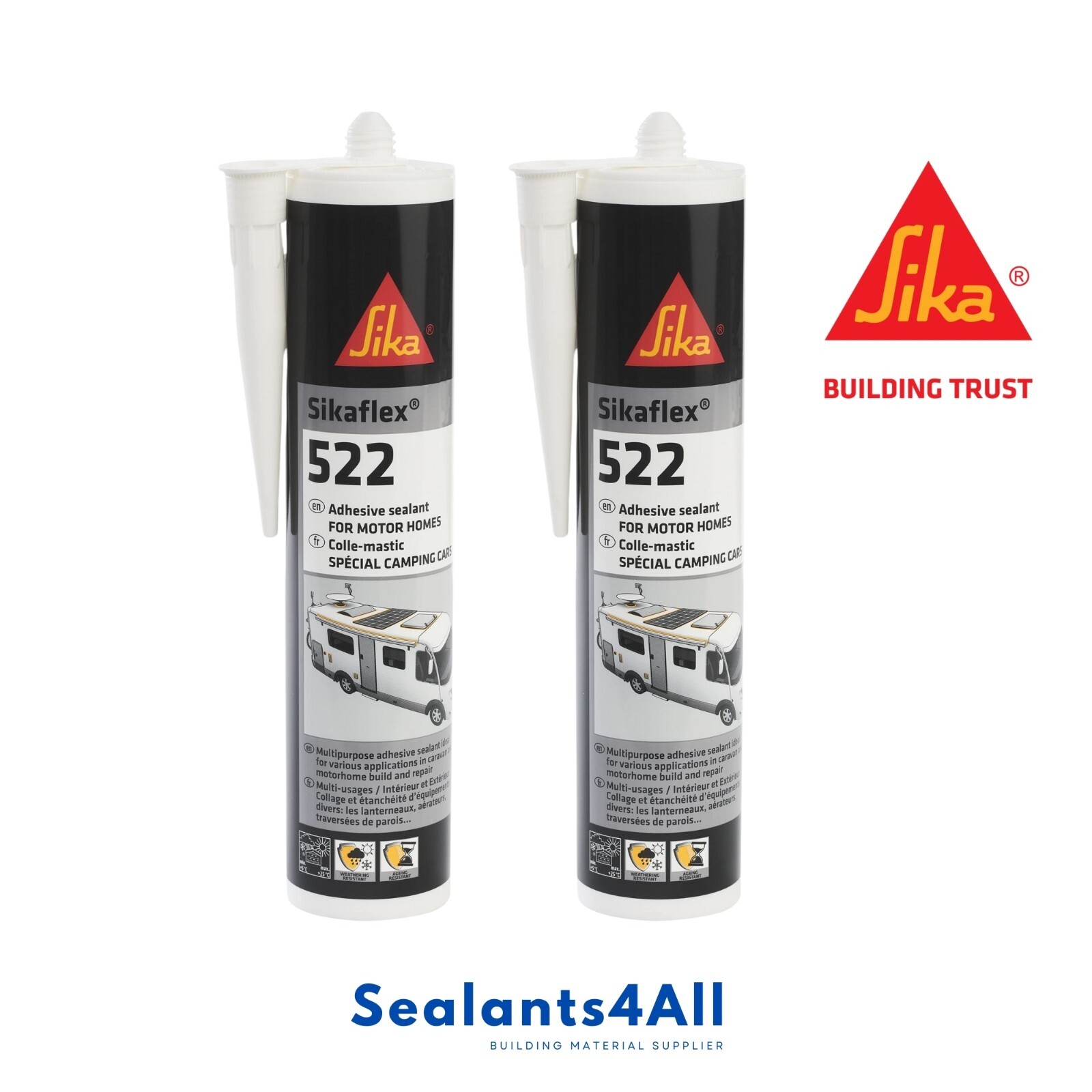 2 x Sikaflex 522 Adhesive Sealant, White, 05/26 Expiry, Brand New