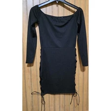 Pretty Little Thing Bodycon Dress Women Sz 6 Black Off Shoulder Side Lace Up NWT