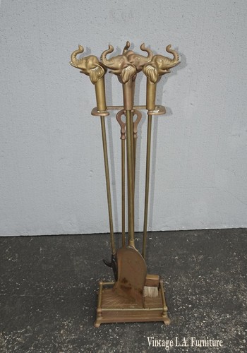Vintage French Country Brass Firplace Tools with Elephant Head Handles
