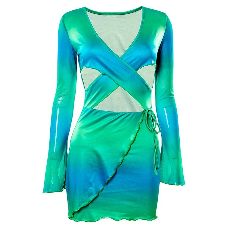 Sexy Cross See-Through Mini Dress Summer Hollow Gradient Beach Lace Up Outfit image 9