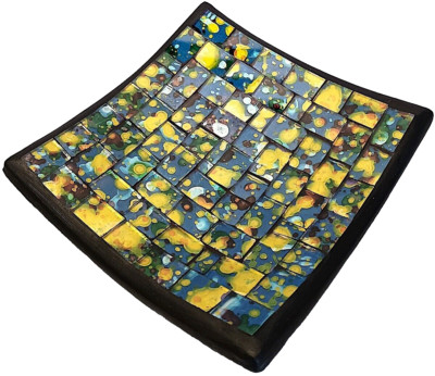 Ceramic and Mosaic Art Glass Tray, Lapis Theme, Small 4.5'' by 4.5''