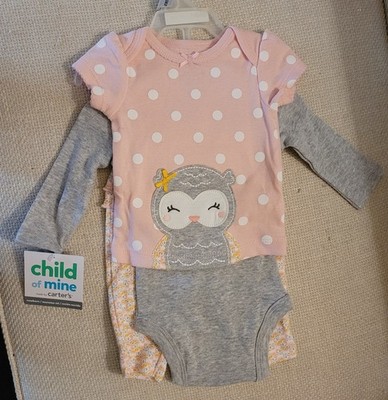 Child Of Mine Carter's Baby Girl 3-Piece Pink Gray Outfit Set Size Newborn
