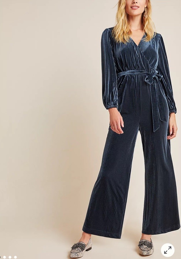 Anthropologie Ali & Jay Wide Leg Crop Velvet Jumpsuit Blue Stretch Belted Small