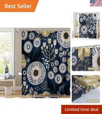 Boho Floral Shower Curtain, Dark Blue Botanical Fabric Curtain, 72 x 72
