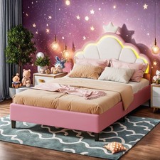 Einzelbett Kinderbett 90x200 cm Polsterbett Bettrahmen Jugendbett mit LED Rosa